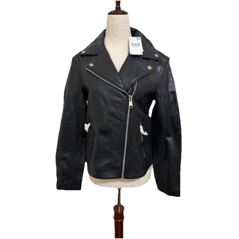 Mango Genuine Leather Cazadora Moto Jacket Silver Hardware New Size‎ Medium